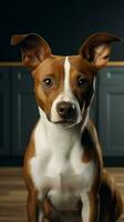 Adorable brown and white basenji dog holding a large blank white sign in a studio with white walls AI Generated photo