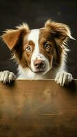 Brown and white dog holding blank sign in rustic studio. AI Generated photo