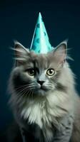 Adorable cat in party hat, blue background AI Generated photo