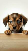 Curious puppy hiding behind empty board on white background AI Generated photo