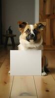 Cute dog holding blank sign on beautiful wood floor in studio. AI Generated photo