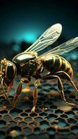 Cybernetic bee on honeycomb background AI Generated photo