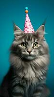 feliz felino, gato con cumpleaños sombrero y azul fondo ai generado foto