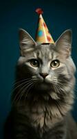 festivo felino, gato con cumpleaños sombrero en azul ai generado foto