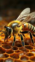 Electronic bee on honeycomb background AI Generated photo