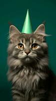 verde fondo, cumpleaños gato con fiesta sombrero ai generado foto