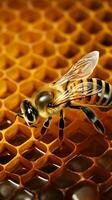 Hardworking bee on honey-filled cells with copy space AI Generated photo