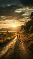 explorador el al aire libre, ciclistas en un escénico puesta de sol la carretera - espalda ver vertical móvil fondo de pantalla ai generado foto