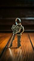 House Key And Keychain On Wooden Table Vertical Mobile Wallpaper AI Generated photo
