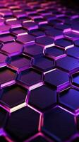 luminoso púrpura hexágonos en oscuro resumen tecnología antecedentes vertical móvil fondo de pantalla ai generado foto