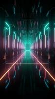 neon glowing lamps in a dark tunnel Reflections on the floor, walls Techology futuristic background Vertical Mobile Wallpaper AI Generated photo