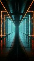 Neon lamps reflecting on floor and walls in dark tunnel Vertical Mobile Wallpaper AI Generated photo