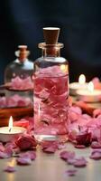 Pure organic essential rose oil concept Elixir Pink flowers candle towel Vertical Mobile Wallpaper AI Generated photo