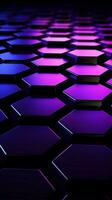 púrpura luminoso hexágonos en misterioso oscuro antecedentes vertical móvil fondo de pantalla ai generado foto