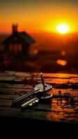 silueta de un casa figura con un llave, un bolígrafo con un llavero en el antecedentes de el puesta de sol vertical móvil fondo de pantalla ai generado foto