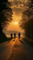 aventuras esperar, ciclistas en un puesta de sol la carretera - espalda ver vertical móvil fondo de pantalla ai generado foto