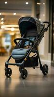 Baby stroller indoor. Empty place for text. Front view. Vertical Mobile Wallpaper AI Generated photo