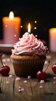 Birthday - Cupcake With Candle And Pink Decoration Vertical Mobile Wallpaper AI Generated photo