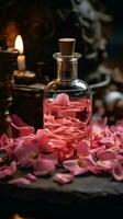 Concept of pure organic essential rose oil. Elixir with plant based floral Pink flowers with candle Vertical Mobile Wallpaper AI Generated photo