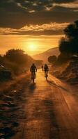 descubriendo nuevo horizontes, espalda ver de ciclistas en un escénico puesta de sol la carretera vertical móvil fondo de pantalla ai generado foto