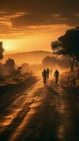 descubriendo nuevo horizontes, espalda ver de ciclistas en un escénico puesta de sol la carretera vertical móvil fondo de pantalla ai generado foto