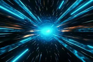 Futuristic 3D rendering Blue neon warp jump beams in space tunnel AI Generated photo