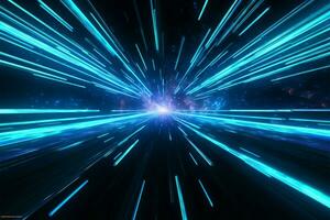 Futuristic 3D rendering Blue neon warp jump beams in space tunnel AI Generated photo