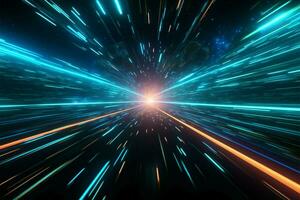 Futuristic space tunnel Neon blue warp jump beams accelerate through stars AI Generated photo