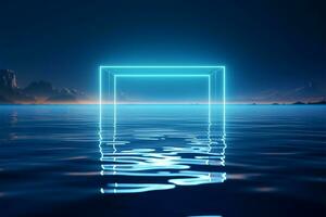 Glowing 3D blue neon square reflected in tranquil water AI Generated photo