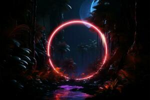 Jungle at night 3D rendering features neon circles in foliage AI Generated photo