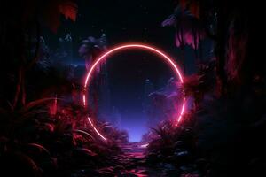 Jungle at night 3D rendering features neon circles in foliage AI Generated photo