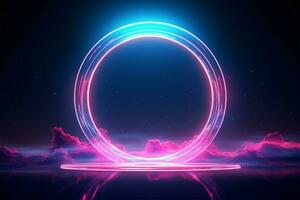 Luminous 3D neon circles stand out against the night sky backdrop AI Generated photo