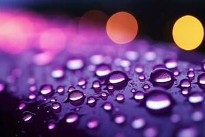 A serene scene Raindrops close up, gently bathed in purple light AI Generated photo