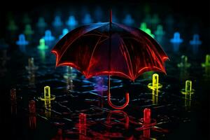 Neon umbrella in the rain, stark contrast against black surroundings AI Generated photo