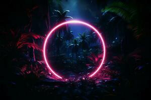 Neon glow circles amidst tropical jungle foliage in 3D rendering AI Generated photo