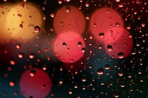 Noche ambiente gotas de lluvia en contra el ventana, bañado en rojo luces ai generado foto