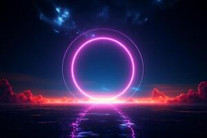 Nighttime ambiance 3D neon circles casting radiance against the sky AI Generated photo