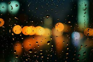 Raindrops blur on glass, a citys nocturnal backdrop emerges softly AI Generated photo