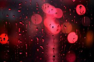 gotas de lluvia y vibrante rojo luces crear un cautivador nocturno escena ai generado foto