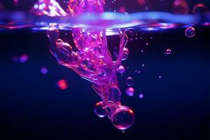 un vívido acuático escena neón púrpura agua adornado con juguetón burbujas ai generado foto