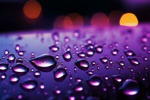 Raindrops on windowpane, softly lit by a calming purple glow AI Generated photo