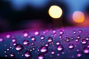 gotas de lluvia en ventana, suavemente iluminado por un calmante púrpura resplandor ai generado foto