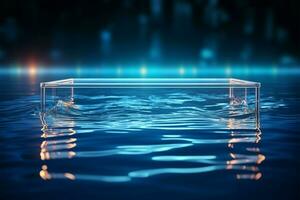 Reflective water and a 3D render of a shining blue neon square AI Generated photo