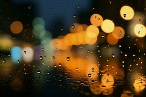 Soft focus Raindrops on glass transform the night cityscape backdrop AI Generated photo