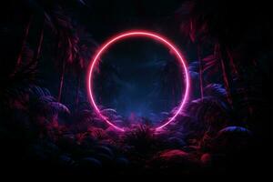 Tropical foliage in the night jungle with neon glow circles AI Generated photo