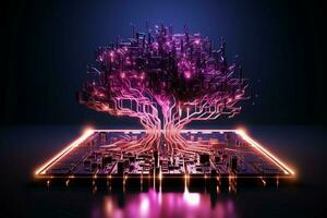 Abstract 3D tree Pink and purple circuits on a dark backdrop AI Generated photo