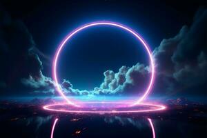 3D render Neon circles against a night sky, brilliantly illuminating AI Generated photo