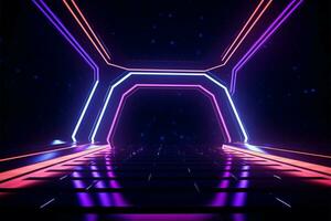 Abstract neon frames with hexagonal glow, vibrant colors in 3D AI Generated photo
