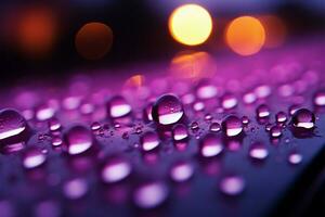 Close up Raindrops on window with soothing purple light illuminating them AI Generated photo