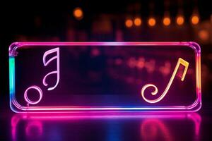 Colorful neon musical note sign lights up the nights entertainment AI Generated photo